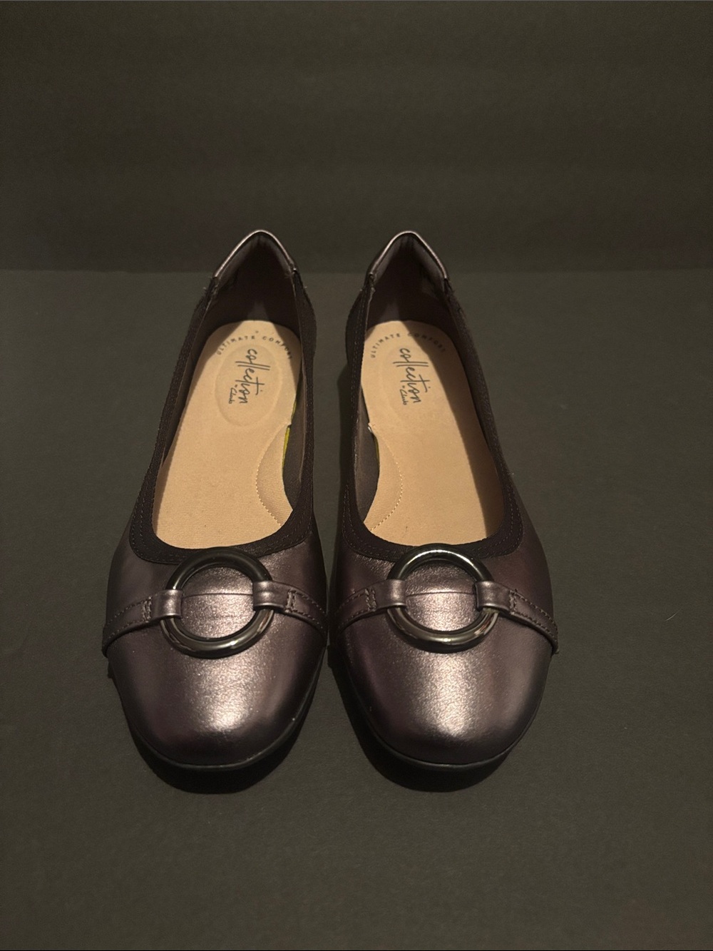 Clarks Women's Metallic Charcoal Leather Flats with Ring Accent